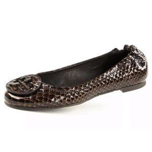 Tory Burch Reva Snake Skin Dark Brown with Gold Medallion Emblem New 6.5